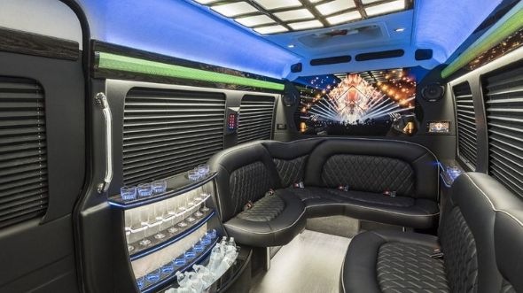 Interior of Charter Bus Company Bedford's Sprinter Limo in Bedford